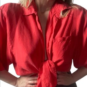 🌹Vintage🌹100% Red Silk Vintage Short-Sleeve Button Down
